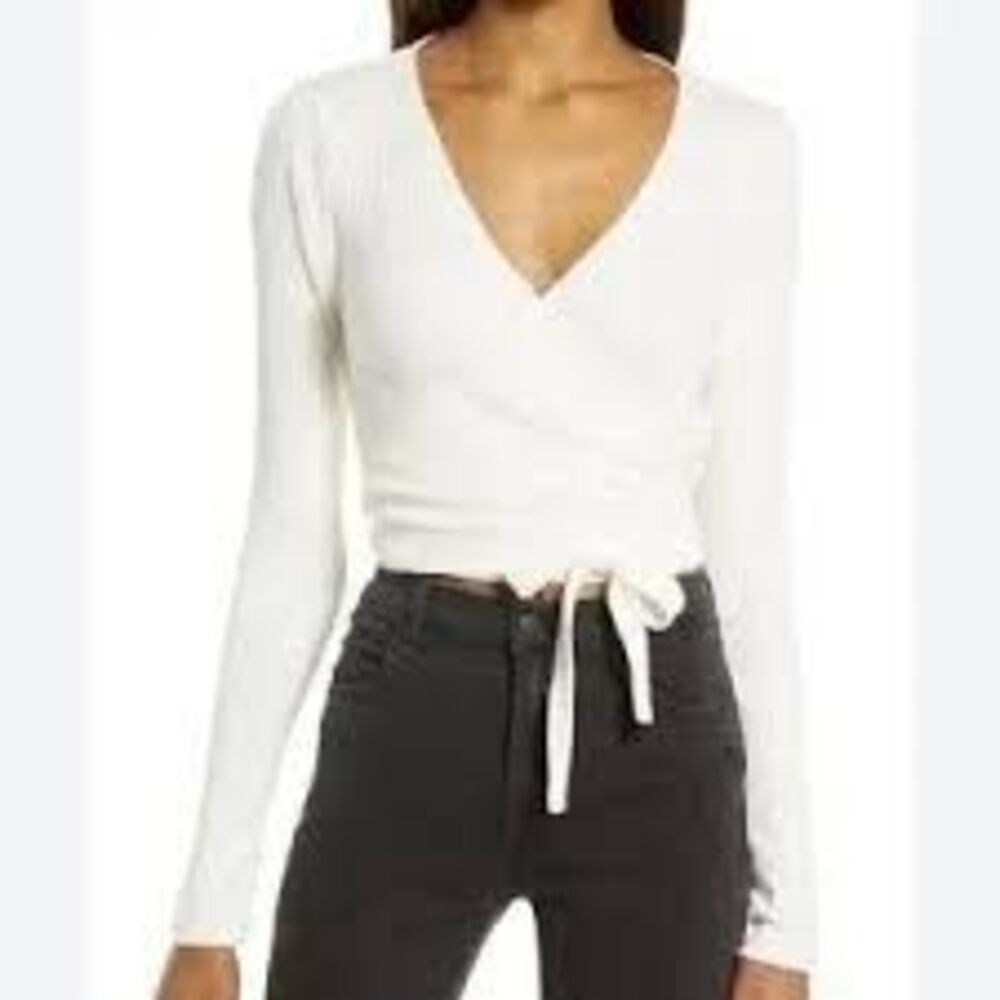Reformation Petals Wrap Ribbed Knit Long Sleeve Top Blouse White Large - Picture 2 of 8